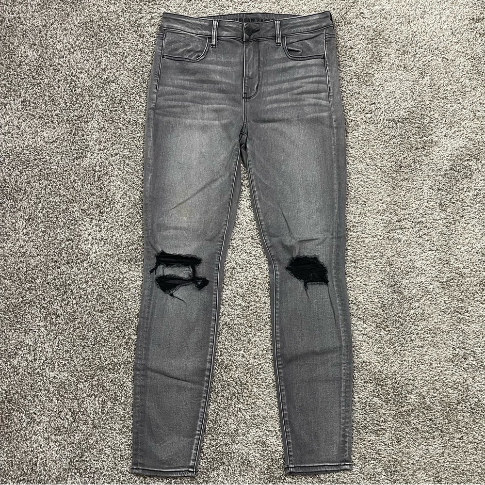 American Eagle Super Stretch High Rise Distressed Gray Skinny Jeans 12 Long